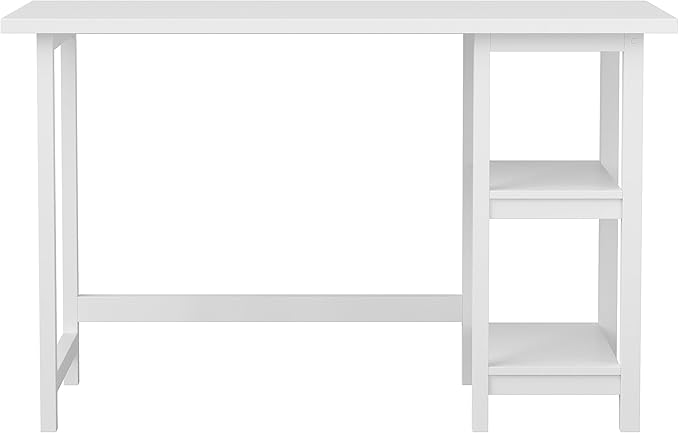 Martha Stewart Beckett Modern Trestle Desk with Open Side Shelving in White Wood Grain Finish - LeafyLoom