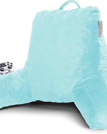 Clara Clark Reading Pillow, Standard Back Pillow for Sitting Up in Bed, Memory Foam Back Support Pillow, Reading Pillows for Sitting in Bed, Light Blue Sit Up Pillow for Bed, Arm Pillow with Pockets - LeafyLoom