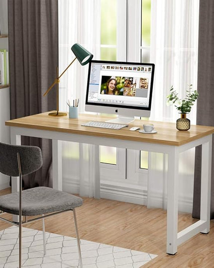 Tribesigns Modern Computer Desk, 55 inch Large Office Desk Computer Table Study Writing Desk for Home Office, Walnut + White Leg - LeafyLoom