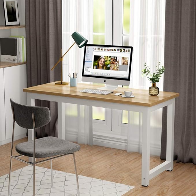 Tribesigns Modern Computer Desk, 55 inch Large Office Desk Computer Table Study Writing Desk for Home Office, Walnut + White Leg - LeafyLoom
