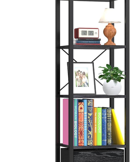 Narrow-Bookshelf-With-Storage-Drawer, 5-Tier Small Standing Book Shelf Organizer For Small Space, Tall Thin Bookcase Shelf For Bedroom Living Room Office, Wooden Shelving Unit Rack For Display - LeafyLoom