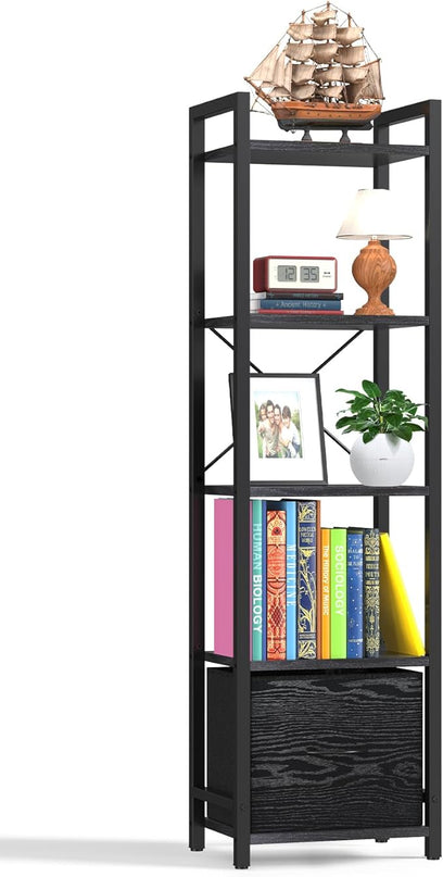 Narrow-Bookshelf-With-Storage-Drawer, 5-Tier Small Standing Book Shelf Organizer For Small Space, Tall Thin Bookcase Shelf For Bedroom Living Room Office, Wooden Shelving Unit Rack For Display - LeafyLoom