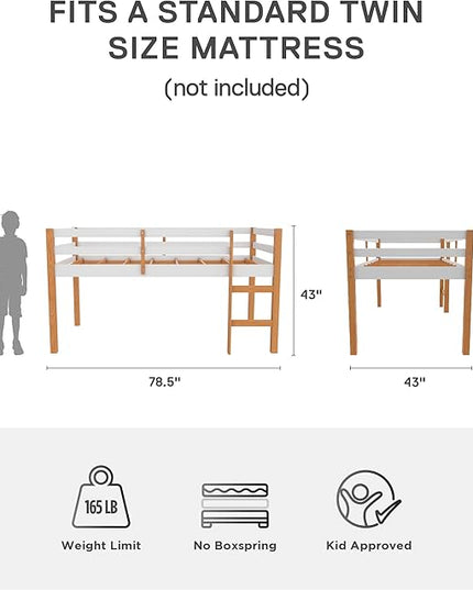DHP Milton Junior Twin Size Wooden Loft Bed for Kids, Natural - LeafyLoom