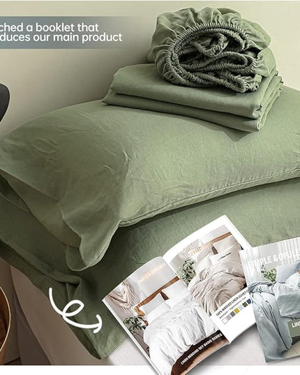 Simple&Opulence 100% Linen Sheet Set Solid Color-4 Pcs Washed French Linen Bed Sheets(1 Flat Sheet,1 Fitted Sheet,2 Pillowcases)-Breathable Bedding Set (Sage Green, Queen) - LeafyLoom