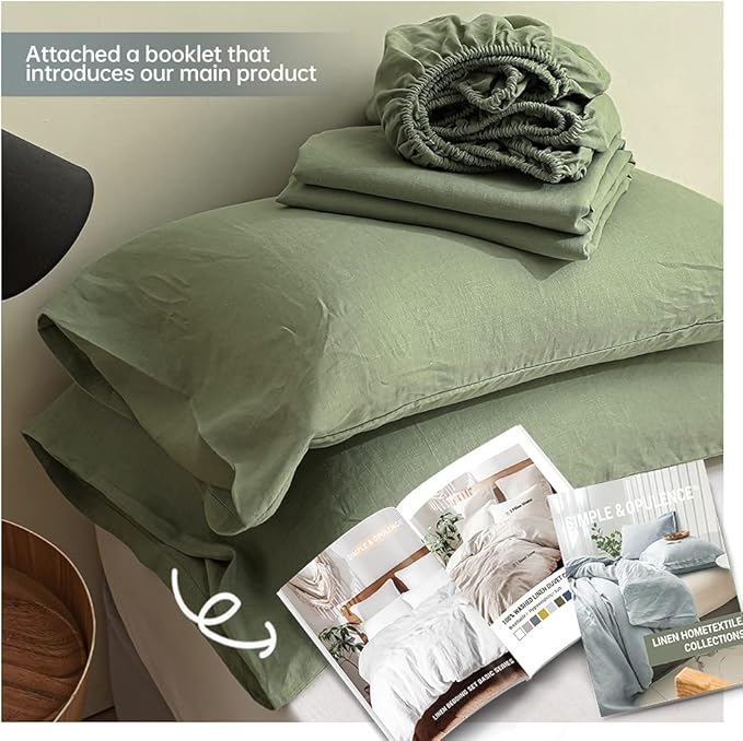 Simple&Opulence 100% Linen Sheet Set Solid Color-4 Pcs Washed French Linen Bed Sheets(1 Flat Sheet,1 Fitted Sheet,2 Pillowcases)-Breathable Bedding Set(California King, Sage Green) - LeafyLoom