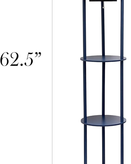 Simple Designs LF2010-NAV 62.5" Round Modern Shelf Etagere Organizer Storage Floor Lamp with 2 USB Charging Ports, 1 Charging Outlet and Linen Shade for Living Room Bedroom Office, Navy - LeafyLoom