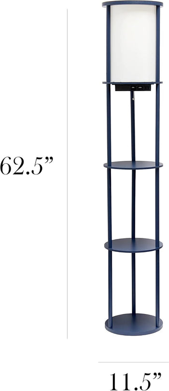 Simple Designs LF2010-NAV 62.5" Round Modern Shelf Etagere Organizer Storage Floor Lamp with 2 USB Charging Ports, 1 Charging Outlet and Linen Shade for Living Room Bedroom Office, Navy - LeafyLoom