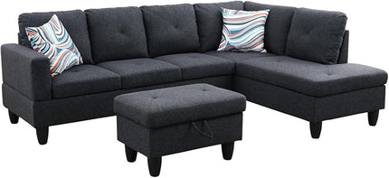 ROOMTEC L Shape Sectional Sofa Set, 5 Seat Upholstered Corner Couch with Storage Ottoman & Right Chaise Lounge, Luxurious Linen Tufted Cushions, for Living Room, Apartment, Black - LeafyLoom