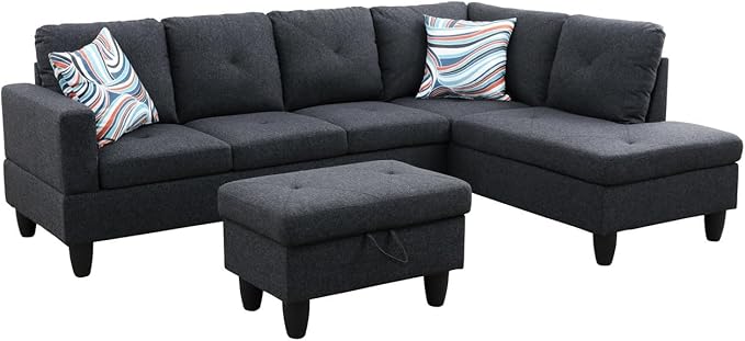 ROOMTEC L Shape Sectional Sofa Set, 5 Seat Upholstered Corner Couch with Storage Ottoman & Right Chaise Lounge, Luxurious Linen Tufted Cushions, for Living Room, Apartment, Black - LeafyLoom