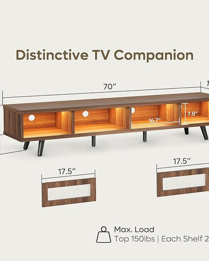 Bestier Mid Century Modern TV Stand for 75 inch TV, LED Entertainment Center with Storage and Sliding Doors, Low Profile TV Consoles for Living Room, Ancona Walnut - LeafyLoom