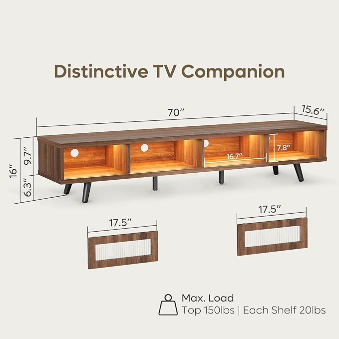 Bestier Mid Century Modern TV Stand for 75 inch TV, LED Entertainment Center with Storage and Sliding Doors, Low Profile TV Consoles for Living Room, Ancona Walnut - LeafyLoom