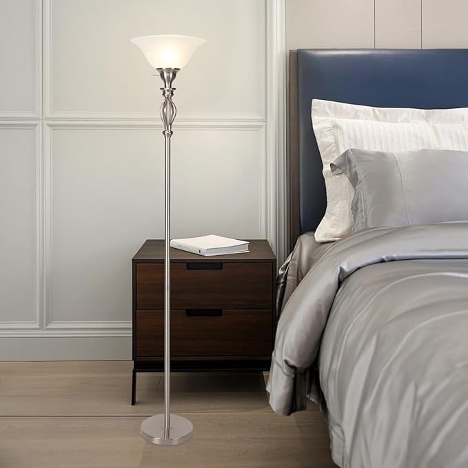 Torchiere Floor Lamps for Living Room & Bedroom – Stand Up Lamp with Corner Floor Lamp Design – Traditional Iron Scroll 70" Tall Alabaster Glass Bowl Shade (Brushed Nickel) - LeafyLoom