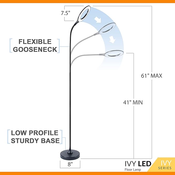Bright Floor Lamp for Office, Reading and Bedrooms. LED Floor Lamp for Lash Light for EyeLash Extensions, Makeup & Nail Spa. Gooseneck Standing Lamp (White) - LeafyLoom