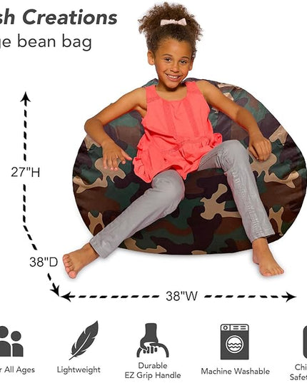 Posh Creations Bean Bag Chair for Kids, Teens, and Adults Includes Removable and Machine Washable Cover, Soft Nylon - Camo Green, 38in - Large - LeafyLoom