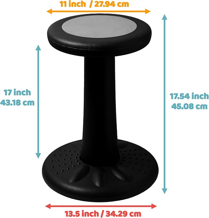 Studico ActiveChairs Kids Wobble Chair, Flexible Elementary Classroom Seating, Improves Focus, Posture and Helps ADHD/ADD, Sensory Chair, Active Fidget Chairs, Pre-Teen 17.75" Stool, Ages 7-12, Black - LeafyLoom