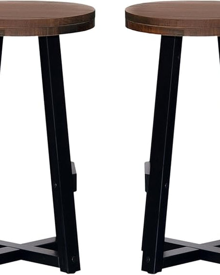 Walker Edison Rustic Distressed Solid Wood Round Dining Room Counter Top Bar Stool, 24 Inch, Mahogany - LeafyLoom