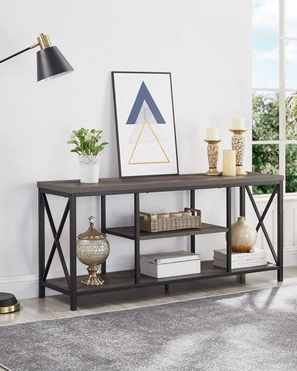 55 inch TV Stand for TV up to 65 inch, Rustic Wood and Metal Media TV Console Table for Living Room, Grey - LeafyLoom