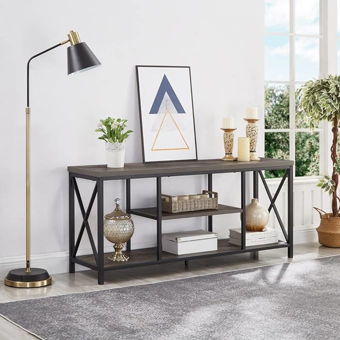 55 inch TV Stand for TV up to 65 inch, Rustic Wood and Metal Media TV Console Table for Living Room, Grey - LeafyLoom