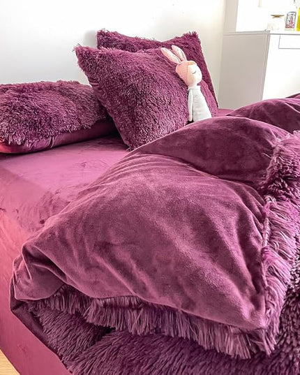 Faux Fur Kids Girls Grape Purple Comforter Sets King - 3PC Bed Set Warm Comfortable Soft Plush Flannel Velvet Fluffy Fuzzy Bedding（Comforter x 1 Pillowcases x 2） - LeafyLoom