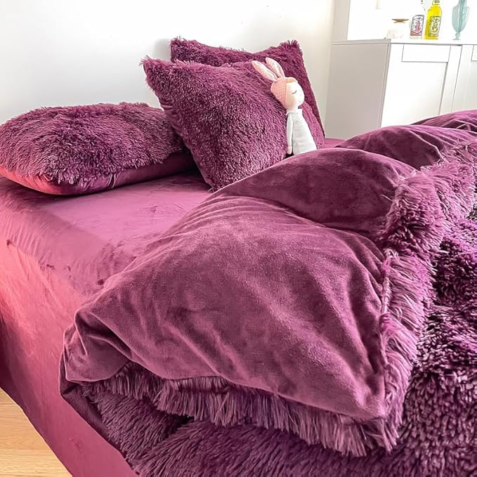 Faux Fur Kids Girls Grape Purple Comforter Sets Twin/Full - 3PC Bed Set Warm Comfortable Soft Plush Flannel Velvet Fluffy Fuzzy Bedding（Comforter x 1 Pillowcases x 2） - LeafyLoom
