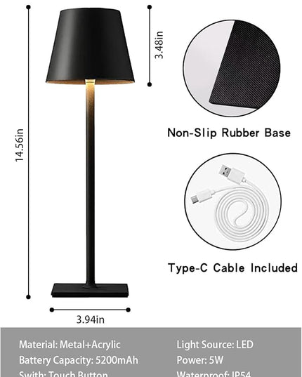 2 Pack Cordless Table lamp, 5200mAh Battery Operated Lamp,3 Color Stepless Dimming Desk Lamp,IP54 Waterproof Outdoor Table Lamps for Restaurant/Bedroom/Bars/Camping/Cafe Night Light (Black-2) - LeafyLoom