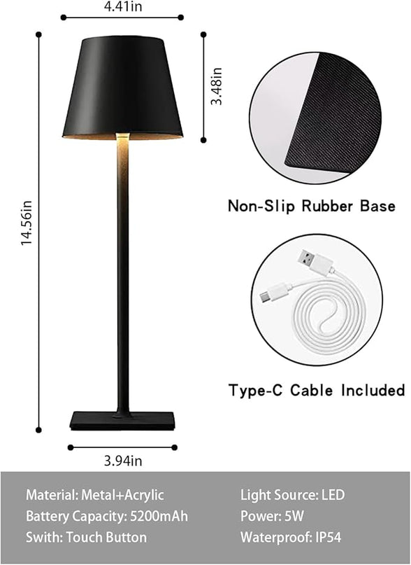 2 Pack Cordless Table lamp, 5200mAh Battery Operated Lamp,3 Color Stepless Dimming Desk Lamp,IP54 Waterproof Outdoor Table Lamps for Restaurant/Bedroom/Bars/Camping/Cafe Night Light (Black-2) - LeafyLoom