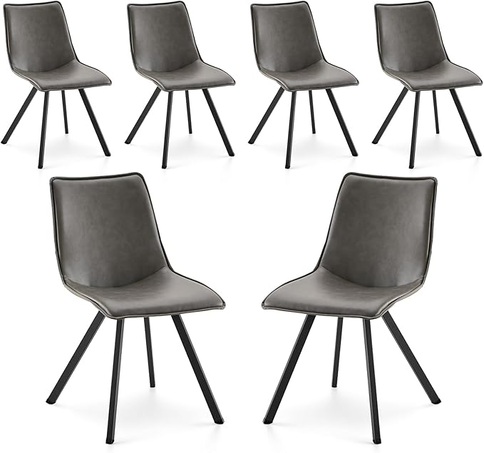 COLAMY PU Leather Dining Chairs Set of 6, High Back Modern Upholstered Dining Room Kitchen Side Chair with Metal Legs for Home/Living Room/Bedroom/Office, Grey - LeafyLoom