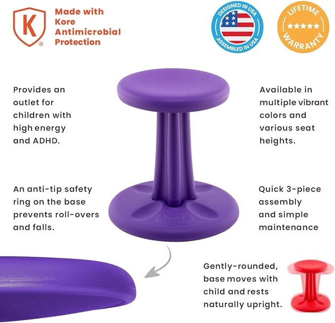 Kore Kids Preschool Wobble Chair - Flexible Seating Stool for Classroom, Preschool, Kindergarten & Elementary School - Age 4-5 yrs, Purple (12in) - LeafyLoom