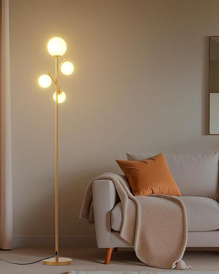 4 Globe Gold Floor Lamp, Modern Sputnik Tree Standing Lamp with Frosted Glass Ball Lampshade & 3000K LED Bulbs, Mid Century Contemporary Tall Lamp for Living Room, Bedroom - Antique Brass - LeafyLoom