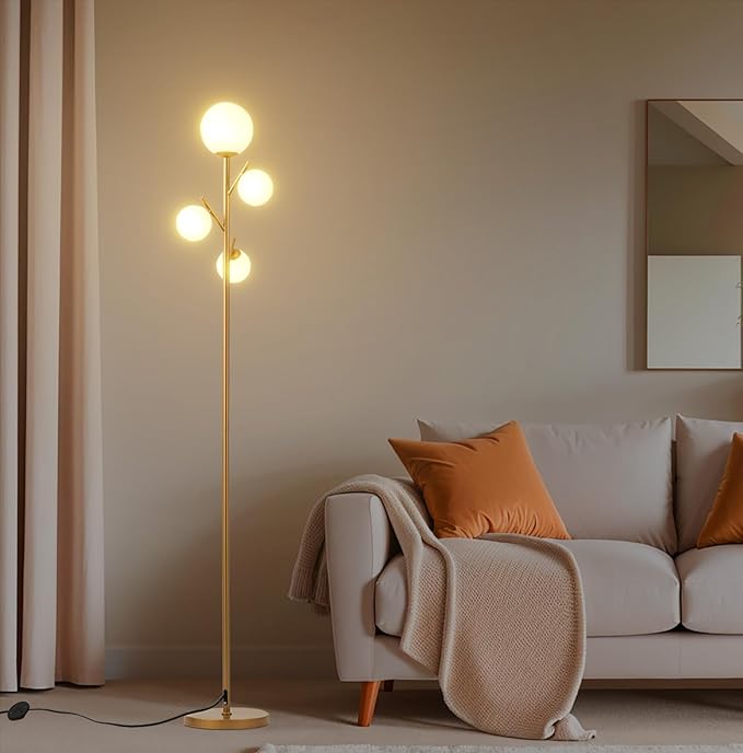 4 Globe Gold Floor Lamp, Modern Sputnik Tree Standing Lamp with Frosted Glass Ball Lampshade & 3000K LED Bulbs, Mid Century Contemporary Tall Lamp for Living Room, Bedroom - Antique Brass - LeafyLoom