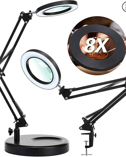 8X Desk Magnifying Glass with Light, NUEYiO 2-in-1 Heavy Duty Base&Clamp Magnifying lamp, 4.1'' Real Glass Len, 3 Color Stepless Dimmable LED Lighted Magnifier Glass for Soldering Crafts Sewing - LeafyLoom