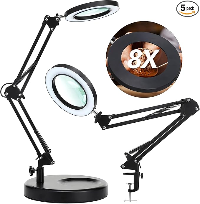 8X Desk Magnifying Glass with Light, NUEYiO 2-in-1 Heavy Duty Base&Clamp Magnifying lamp, 4.1'' Real Glass Len, 3 Color Stepless Dimmable LED Lighted Magnifier Glass for Soldering Crafts Sewing - LeafyLoom