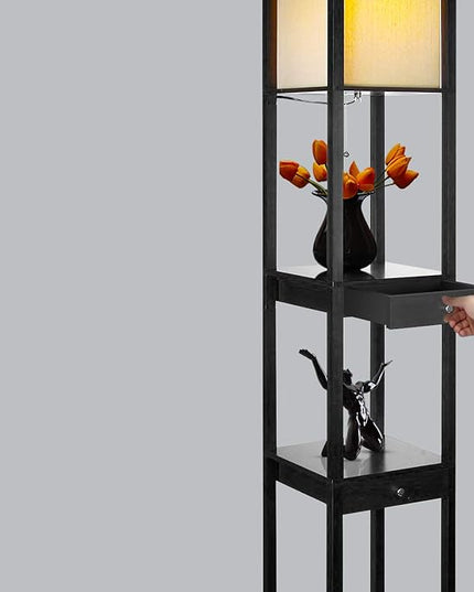 Brightech Maxwell Drawer Edition - Modern Shelf Floor Lamp with Drawer - Corner Display Floor Lamps with Shelves for Living Room, Bedroom and Office - Black - LeafyLoom