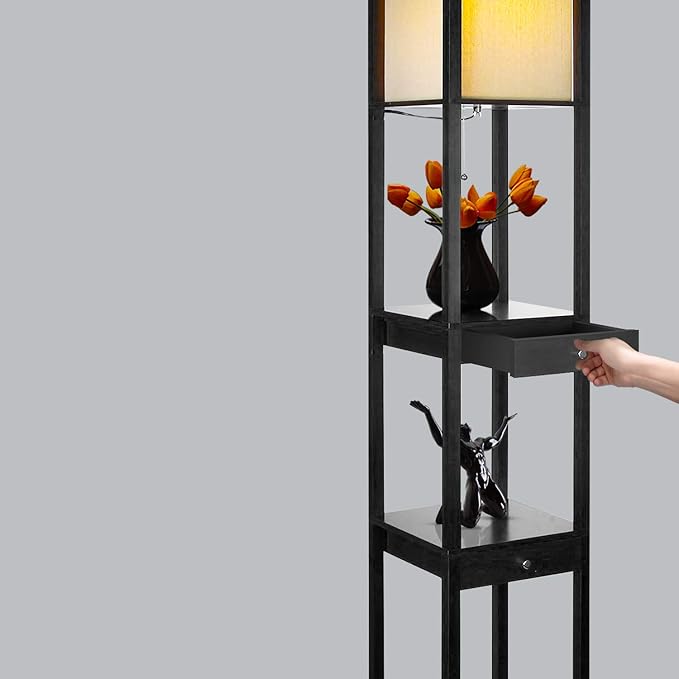Brightech Maxwell Drawer Edition - Modern Shelf Floor Lamp with Drawer - Corner Display Floor Lamps with Shelves for Living Room, Bedroom and Office - Black - LeafyLoom