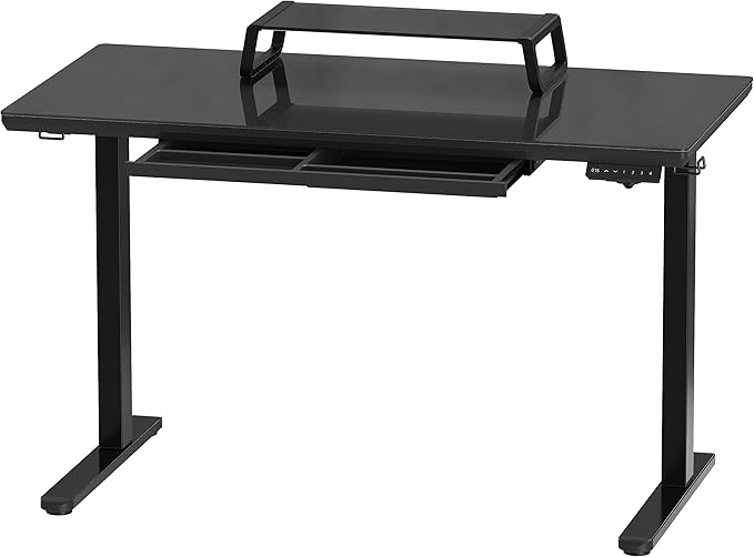 SHW 48-Inch Whole-Piece Glass Electric Height Adjustable Desk with Monitor Riser and Drawer, Black - LeafyLoom