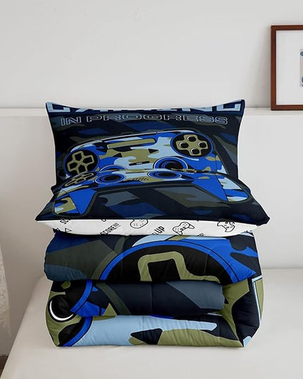 Boys Gamepad Comforter Set Full Size Teens Gamer Bedding Set Retro Blue Camouflage Video Game Controller Comforter for Kids Youth Bedroom Decor Gamer Console Action Buttons Duvet Set Microfiber - LeafyLoom
