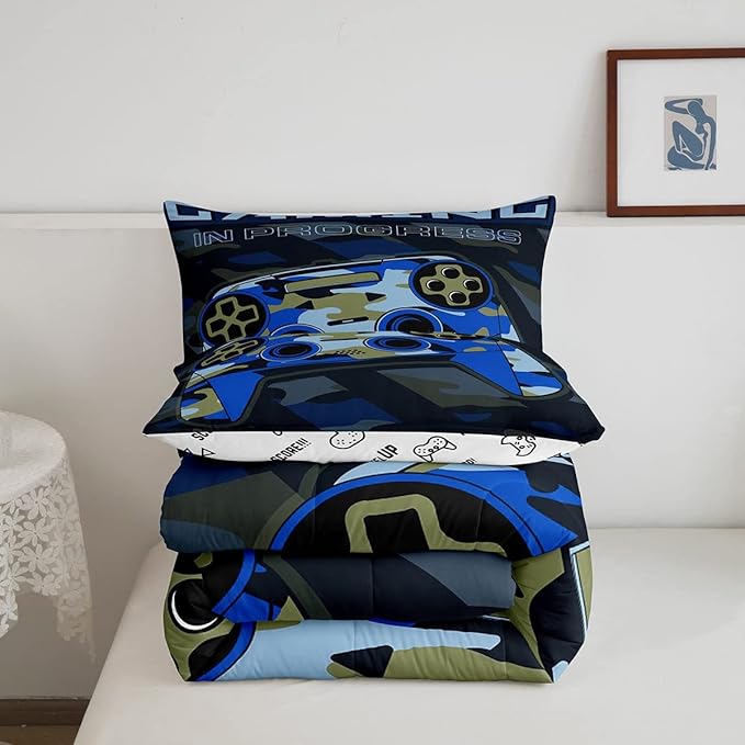 Feelyou Boys Gaming Comforter Set King Size Teens Gamer Bedding Set Retro Blue Camouflage Video Game Controller Comforter for Kids Decor Gamer Console Action Buttons Duvet Set Microfiber Boys - LeafyLoom