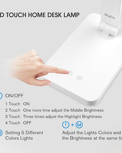 mafiti LED Desk Lamp for Home Office,Touch Desk Light 5 Light Modes 3 Brightness,Foldable Table Lamp with Adjustable Arm,Eye-Caring Lamp with USB Port, Bedside Lamp for Working Reading Study,White - LeafyLoom