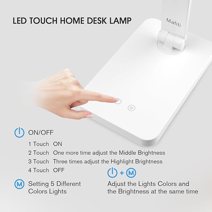 mafiti LED Desk Lamp for Home Office,Touch Desk Light 5 Light Modes 3 Brightness,Foldable Table Lamp with Adjustable Arm,Eye-Caring Lamp with USB Port, Bedside Lamp for Working Reading Study,White - LeafyLoom