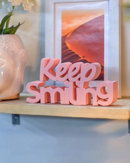 Engineered Wood Keep Smiling Peach Aesthetic Table Decor- Perfect for Home,Office,Desk,Or Shelf. Quirky Room Decoration,Ideal for Birthdays,Corporate Gifts,and Inspirational Wall Decor - LeafyLoom