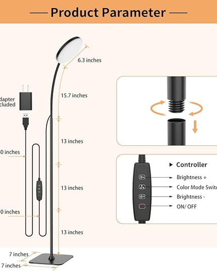Floor Lamp, [3 Color & 10 Brightness] Small Slim LED Reading Lamp Floor Standing, Dimmable Adjustable Flexible Gooseneck Light for Kids Bedroom, Office, Living Room, Corner Bedside Lamp - LeafyLoom
