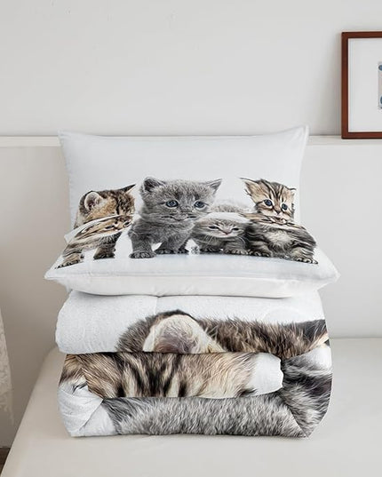 Feelyou Cat Comforter Kids Cute Cat Bedding Set Cartoon Pet Cats Comforter Set for Girls Boys Cute Kitten Room Decor Cat Lovers Kawaii Animal Quilt King Size with 2 Pillow Case Boys - LeafyLoom