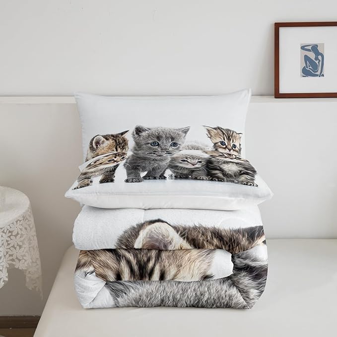 Feelyou Cat Comforter Kids Cute Cat Bedding Set Cartoon Pet Cats Comforter Set for Girls Boys Cute Kitten Room Decor Cat Lovers Kawaii Animal Quilt King Size with 2 Pillow Case Boys - LeafyLoom