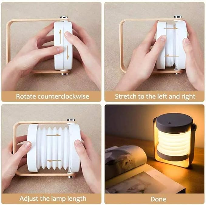 4-in-1 Foldable Table Lamp,USB Retractable LED Light,Wooden Handle Portable Lantern Light and Flashlight,Touch Control Dimmable 3 Level Brightness Night Light for Reading, Outdoor Camping (Grey) - LeafyLoom
