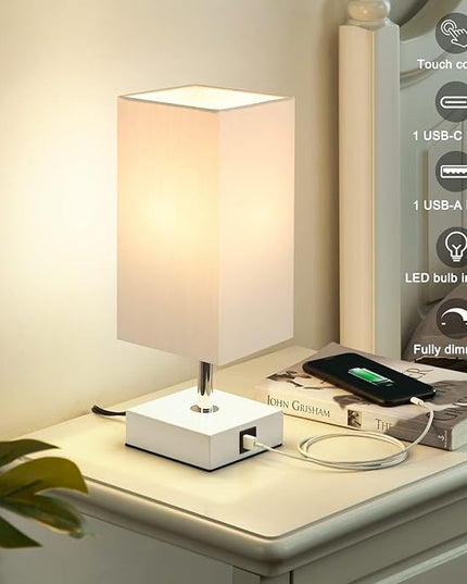 Ambimall Grey Table Lamp with USB Ports - 3 Way Touch Lamps Beside Desk, Nightstand Lamp for Bedrooms Living Room, Grey Shade with White Base, LED Bulb Included(Grey) - LeafyLoom