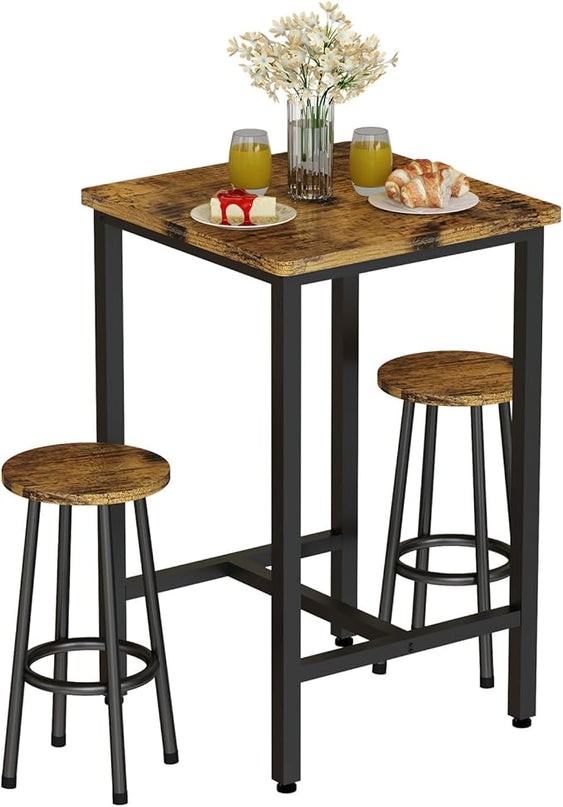 Recaceik 3 Piece Pub Dining Set, Modern bar Table and Stools for 2 Kitchen Counter Height Wood Top Bistro Easy Assemble for Breakfast Nook Living Room Small Space Restaurant, Rustic Brown 24” - LeafyLoom
