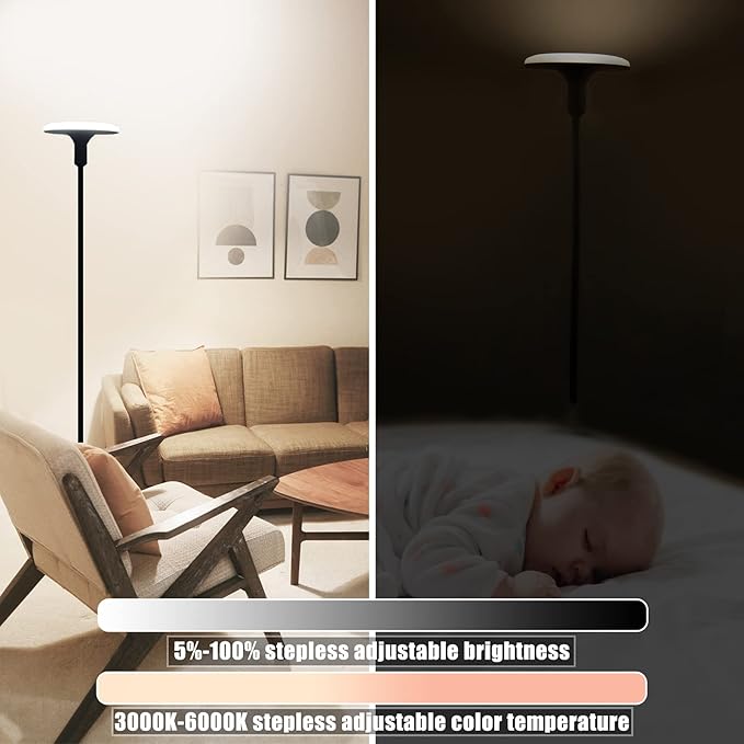 Led Floor Lamp, Bright Sky Torchiere Floor Lamps with Adjustable Gooseneck, Dimmable Floor Reading Lamp with Remote Control, Modern Tall Standing Lamp for Living Room, Bedroom and Office - LeafyLoom