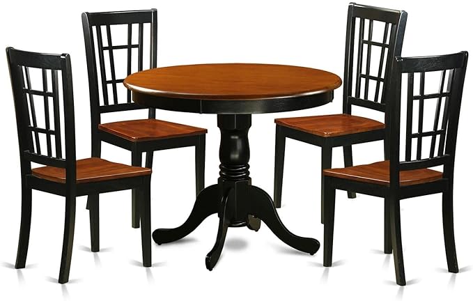 East West Furniture ANNI5-BLK-W 5 Piece Set for 4 Includes a Round Table with Pedestal and 4 Kitchen Dining Chairs, 36x36 Inch, Black & Cherry - LeafyLoom