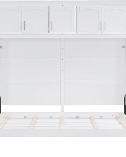 Merax, White Modern Farmhouse Solid Murphy Chest with Top, Tall Wall Platform Bed Space Saving/Wood Slat Support, Full W/Cabinets - LeafyLoom