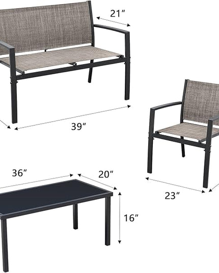 Greesum 4 Pieces Patio Furniture Set Outdoor Conversation Textilene Fabric Chairs for Lawn, Garden, Balcony, Poolside with A Glass Coffee Table, Brown - LeafyLoom